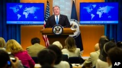 Secretary of State Mike Pompeo announces the creation of the Iran Action Group at the State Department, in Washington, Aug. 16, 2018.