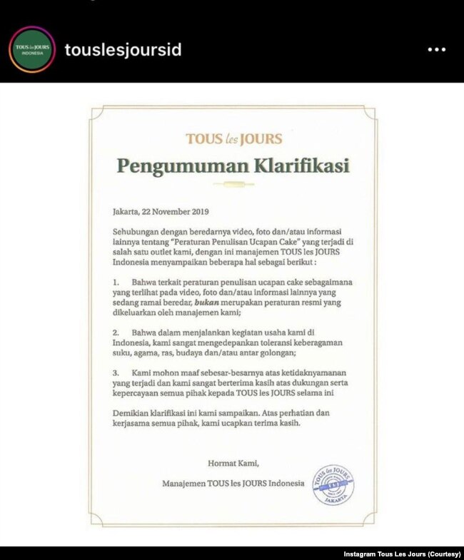 Klarifikasi Tous Les Jours di Instagramnya