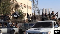 FILE - Members of the Islamic State militant group parade in the northern rebel-held Syrian city of Raqqa. Carter said if the U.S. finds additional groups willing to fight IS in Syria, he and President Barack Obama are prepared to deploy additional U.S. forces there.