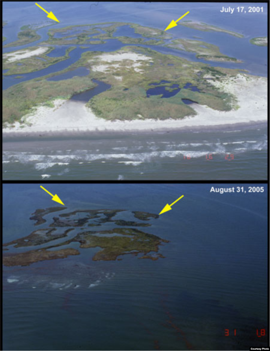 Kepulauan Chandeleur, bagian paling timur negara bagian Louisiana, sebelum dan sesudah Badai Katrina. (USGS)