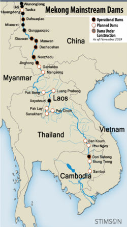Các con đập trên sông Mekong, gồm 11 đập của Trung Quốc đang hoạt động trên thượng nguồn. (Ảnh của Trung tâm Stimson)