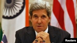 U.S. Secretary of State John Kerry speaks during a joint news conference with India's Foreign Minister Salman Khurshid [not picture], in New Delhi, India, June 24, 2013.