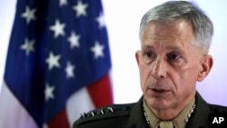 U.S. Marine Corps General Thomas Waldhauser holds a news conference at Camp Lemonnier in Ambouli, Djibouti, April 23, 2017. 