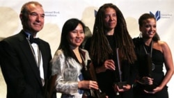 Award winners, from left, Stephen Greenblatt for nonfiction, Thanhha Lai for young people's literature, Nikky Finney for poetry and Jesmyn Ward for fiction