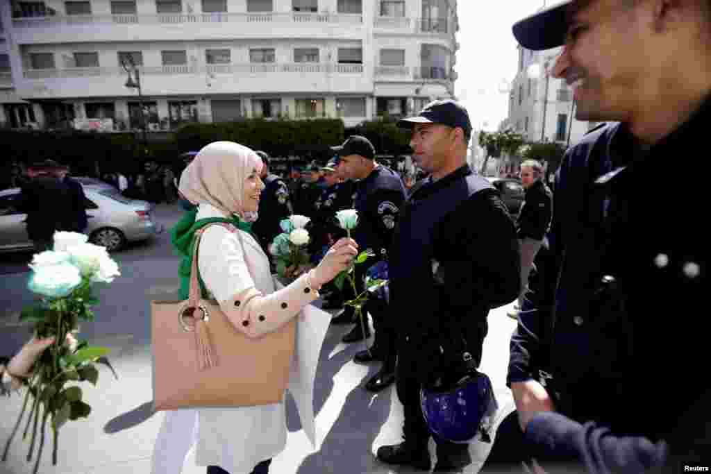 A demonstrator offers a flower to a police officer as teachers and students take part in a protest demanding immediate political change in Algiers, Algeria.