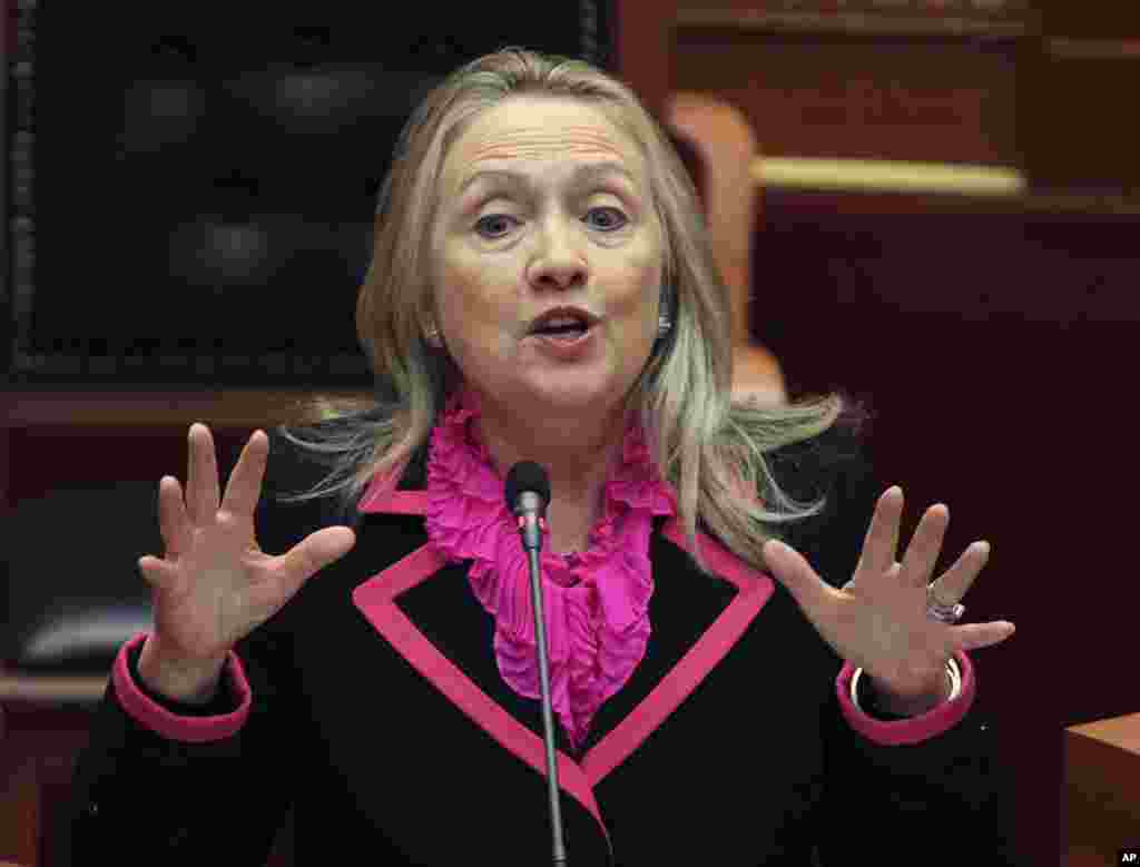 UNITED STATES: At the request of then-Secretary of State Hillary Clinton, the U.S. Director of National Intelligence confirmed strong links between African terrorism and wildlife poaching. Clinton frequently made the case for new anti-poaching strategies, as she did to Albania&#39;s parliament in 2012 (above). &nbsp;