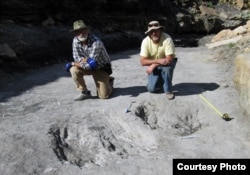 Researchers Martin Lockley, right, and Ken Cart pose beside large a dinosaur scrape they discovered in western Colorado. (Credit: University of Colorado-Denver)
