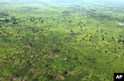 FILE - In this photo taken July 13, 2017, scattered trees dot the once densely forested land, seen from an airplane, in South Sudan.
