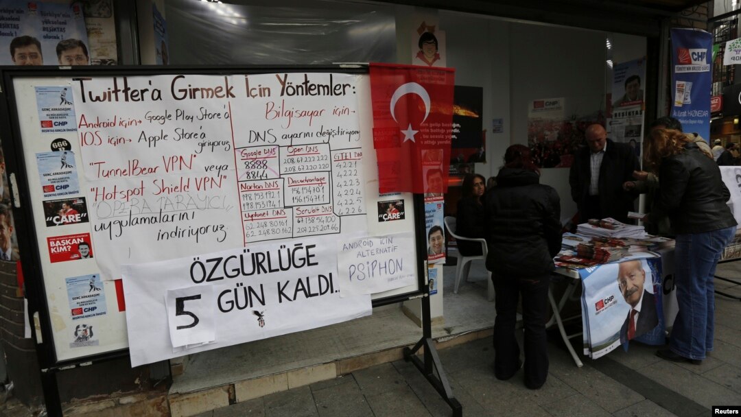 A board shows the alternative ways to access Twitter, is placed at an election campaign office of the main opposition Republican's People's Party (CHP) in Istanbul, March 25, 2014.