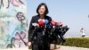 Taiwanese President Tsai Ing-Wen standing by a section of the Berlin Wall speaks to media at the Ronald Reagan Presidential Library in Simi Valley, California, Aug.13, 2018. 