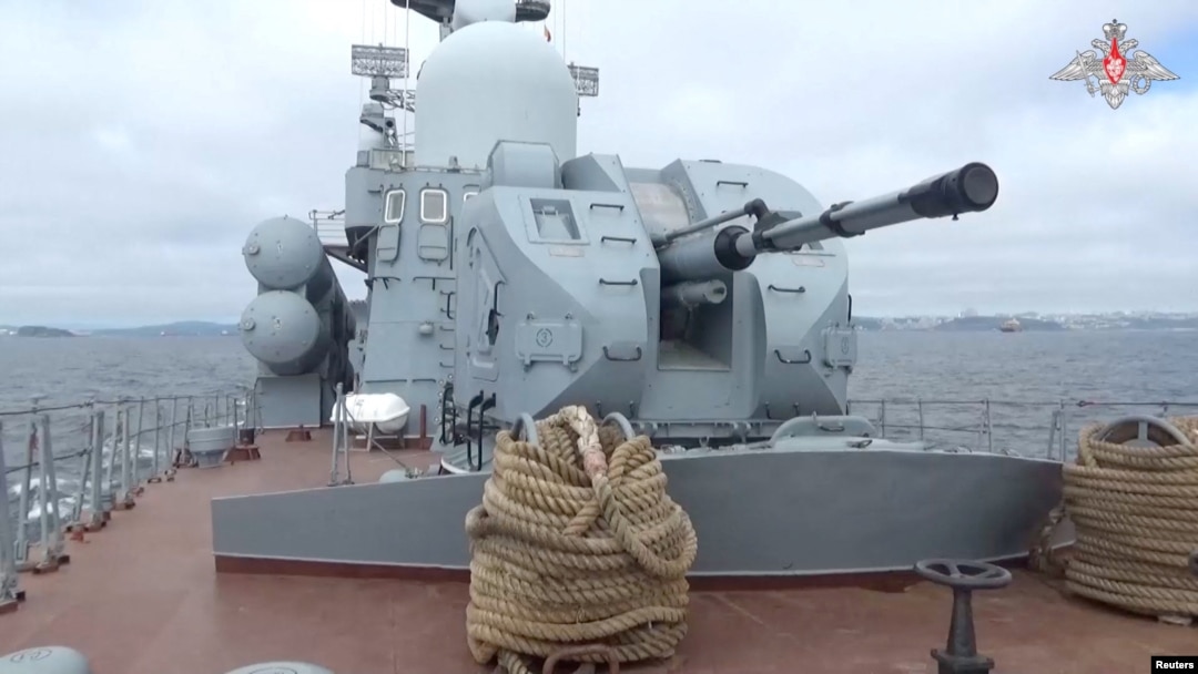 A still image from a video, released by Russia's Defence Ministry on Sept. 10, 2024, shows a Russian warship during drills held by Russia's and China's navy in the Sea of Japan. (Russian Defence Ministry/Handout via Reuters)