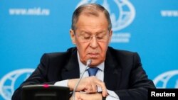 Russia's acting Foreign Minister Sergei Lavrov gestures during his annual news conference in Moscow, Russia, January 17, 2020. 