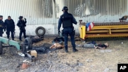 FILE - Federal police stand near the bodies of men who authorities say were suspected cartel gunmen at the Rancho del Sol, near Ecuanduero, in western Mexico.