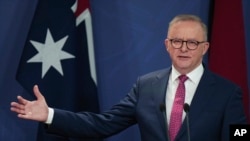 FILE - Australian Prime Minister Anthony Albanese gestures during a press conference in Sydney, Australia, Dec. 12, 2024.