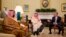 President Barack Obama meets with Saudi Arabia's Crown Prince Mohammed bin Nayef, center, and Deputy Crown Prince Mohammed bin Salman, left, in the Oval Office of the White House in Washington, May 13, 2015. 
