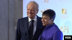 American Film Institute founder George Stevens (L) and Librarian of Congress Carla Hayden are seen at an event in Washington marking 50 years of partnership in film preservation between the two institutions.
