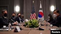 U.S. Secretary of State Antony Blinken speaks with South Korea's Foreign Minister Chung Eui-yong during a bilateral meeting as part of the G7 foreign ministers meeting, in London, Britain May 3, 2021.