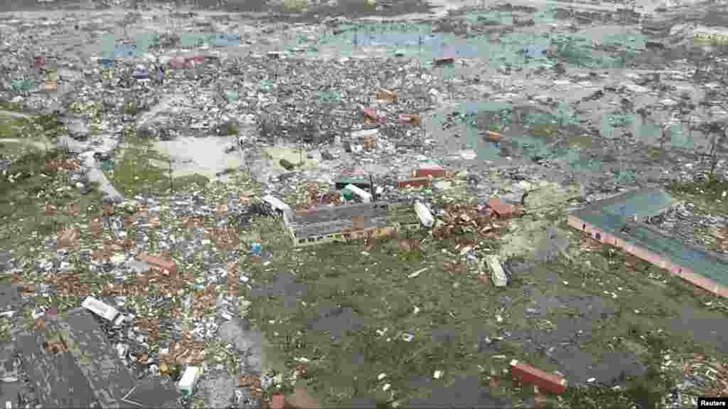 An aerial view shows the devastation caused by Hurricane Dorian after it hit the Abaco Islands in the Bahamas, Sept. 3, 2019, in this still image from video obtained via social media.