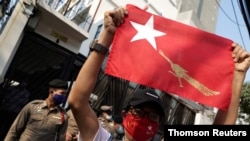 Protest in front of embassy after Myanmar's military seized power, in Bangkok