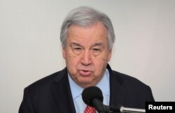 United Nations Secretary-General Antonio Guterres attends a press conference, in Port-au-Prince