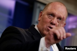 FILE - U.S. Immigration and Customs Enforcement acting director Thomas Homan addresses the daily briefing at the White House in Washington, July 27, 2017.