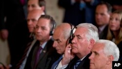 From left, senior adviser Jared Kushner, national security adviser H.R. McMaster, Chief of Staff Reince Priebus, Homeland Security Secretary John Kelly, Secretary of State Rex Tillerson, and Vice President Mike Pence attend a news conference led by President Donald Trump and Colombian President Juan Manuel Santos in the White House, May 18, 2017. 