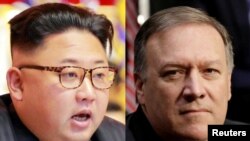 Mantan Direktur CIA Mike Pompeo di Washington (kanan), pemimpin Korut Kim Jong-un (kiri) di Pyongyang, Korea Utara. (Foto: REUTERS / Yuri Gripas & Handout KCNA via Reuters) 