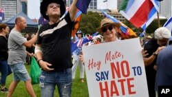 Protestors hold placards during a rally against antisemitism in Sydney, on Feb. 18, 2024. The Australian government named a special envoy July 9, 2024 to confront a rise in antisemitism across the country since the Israel-Hamas war began.