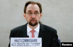 United Nations High Commissioner for Human Rights Zeid Ra'ad Al Hussein addresses delegates during a special session of the Human Rights Council on the situation in Burundi in Geneva, Switzerland, Dec. 17, 2015.