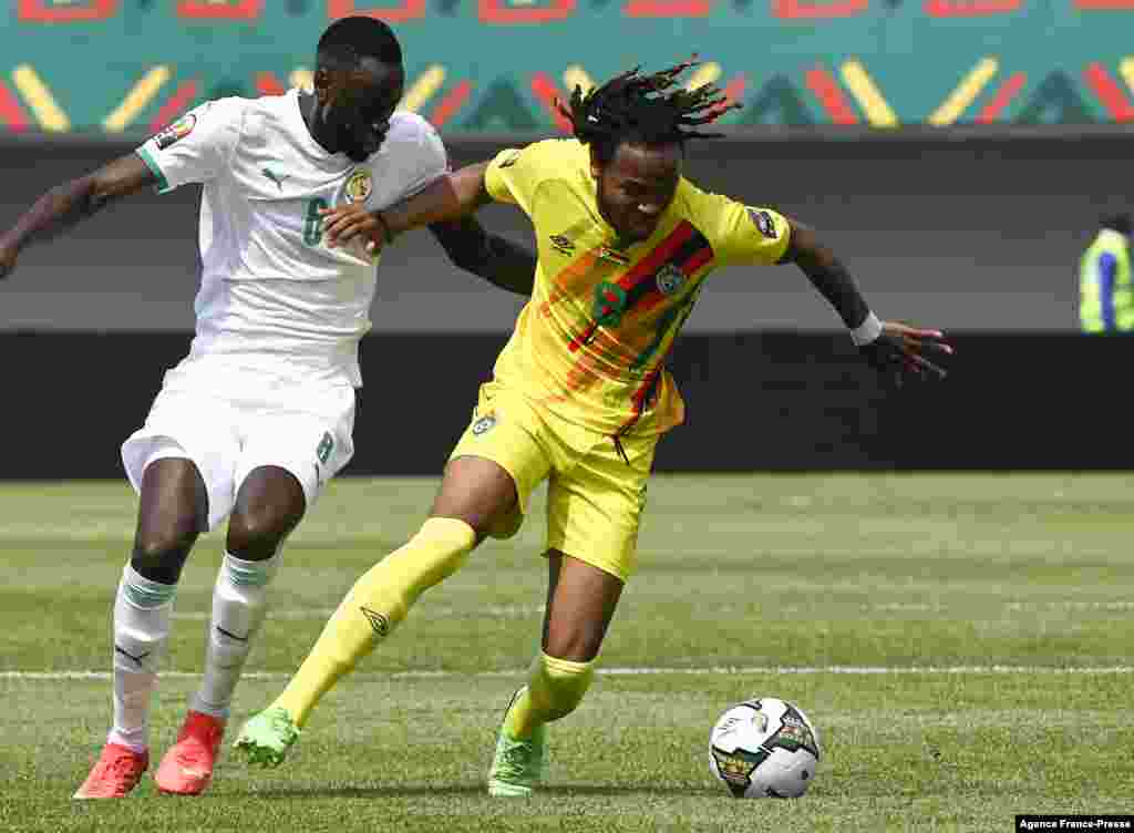 Senegal&#39;s midfielder Cheikhou Kouyate (L) fights for the ball with Zimbabwe&#39;s midfielder Kundai Benyu (R).