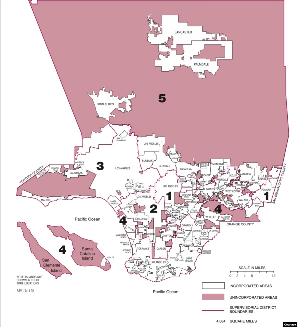 洛杉矶县地图，粉色部分为这个县的“非城市化社区”，孟宪军所在的罗兰岗就是非城市化社区之一。(洛杉矶县官网)(photo:VOA)