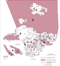 洛杉矶县地图，粉色部分为这个县的“非城市化社区”，孟宪军所在的罗兰岗就是非城市化社区之一。(洛杉矶县官网)