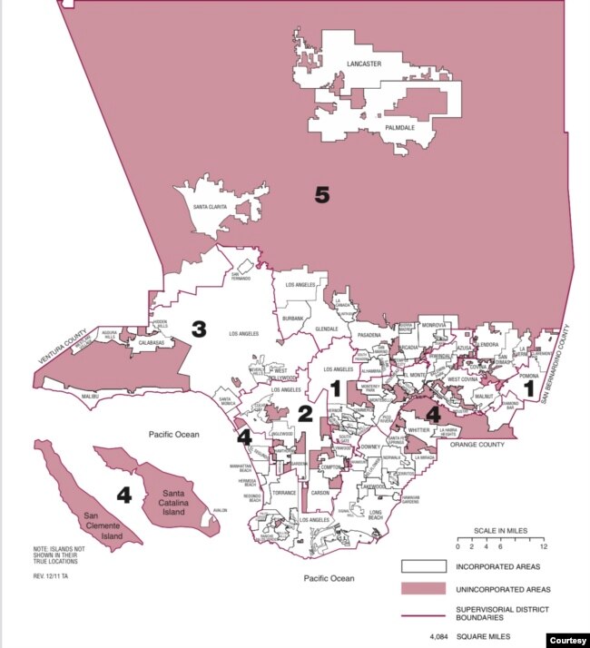 洛杉矶县地图，粉色部分为这个县的“非城市化社区”，孟宪军所在的罗兰岗就是非城市化社区之一。(洛杉矶县官网)