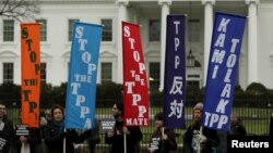 FILE - Opponents of the Trans Pacific Partnership (TPP) trade agreement protest outside the White House in Washington, Feb. 3, 2016. 