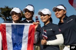 Team Thailand celebrates on the 15th green after winning the finals at the International Crown match play golf tournament in San Francisco, Sunday, May 7, 2023.