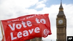 'Leave' supporters (unseen) hold flags as they stand on Westminster Bridge during an EU referendum campaign stunt in which a flotilla of boats supporting 'Leave' sailed up the River Thames outside the Houses of Parliament in London, June 15, 2016.