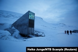 FILE - The entrance to the international gene bank Svalbard Global Seed Vault (SGSV) is pictured outside Longyearbyen on Spitsbergen, Norway, Feb, 29, 2016.