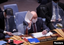 Russian Ambassador to the United Nations Vasily Nebenzya attends a meeting of the U.N. Security Council on the situation between Russia and Ukraine, at the United Nations Headquarters in Manhattan, New York City, Jan. 31, 2022.