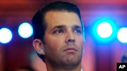 FILE - Donald Trump Jr, the eldest son of U.S. President Donald Trump, speaks at a Global Business Summit in New Delhi, India, Feb. 23, 2018.
