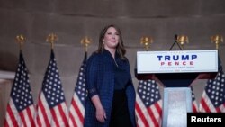 Republican National Committee Chairman Ronna McDaniel arrives to speak to the largely virtual 2020 Republican National Convention in a live address from the Mellon Auditorium in Washington, U.S., August 24, 2020. REUTERS/Kevin Lamarque