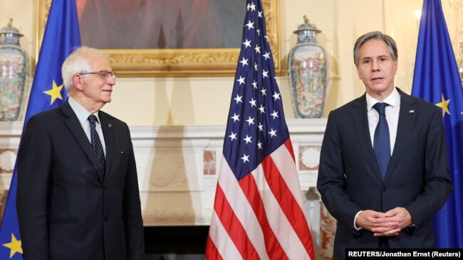 토니 블링컨 미국 국무장관(오른쪽)과 조셉 보렐 유럽연합(EU) 외교∙안보 고위대표가 14일 워싱턴에서 회담했다.
