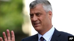 FILE - Kosovo President Hashim Thaci waves to the crowd during a ceremony in Sarajevo, Bosnia, May 29, 2016.