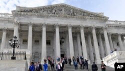 Members of the House of Representatives walk down the steps of Capitol Hill in Washington, Friday, March 27, 2020, after passing a coronavirus rescue package.