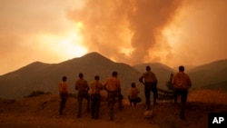 FILE - Firefighters monitor the advancing Line Fire in Angelus Oaks, Calif., Sept. 9, 2024. 