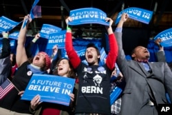 FILE - Supporters of Democratic presidential candidate Sen. Bernie Sanders, I-Vt., cheer during a primary night rally at Concord High School in Concord, N.H., Feb. 9, 2016.