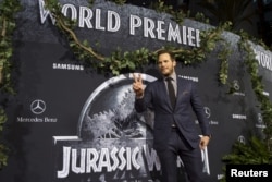 FILE - Cast member Chris Pratt poses at the premiere of "Jurassic World" in Hollywood, California, June 9, 2015. A sequel, "Jurassic World: Fallen Kingdom," will be released June 22.