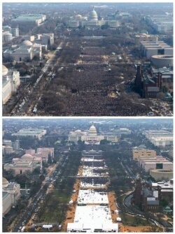 FILE- This pair of photos shows a view of the crowd on the National Mall at the inaugurations of President Barack Obama, above, on Jan. 20, 2009, and President Donald Trump, below, on Jan. 20, 2017.