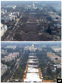 FILE- This pair of photos shows a view of the crowd on the National Mall at the inaugurations of President Barack Obama, above, on Jan. 20, 2009, and President Donald Trump, below, on Jan. 20, 2017.