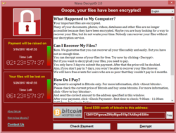 지난 2017년 5월 '워너크라이' 바이러스에 감염된 컴퓨터 화면. 미화 300달러 상당의 비트코인을 지정된 계좌로 보내면 암호화한 파일을 풀어준다는 내용이다.
