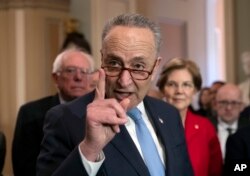 FILE - Senate Democratic Minority Leader Chuck Schumer is seen with colleagues during a news conference, at the Capitol in Washington, Nov. 14, 2018.